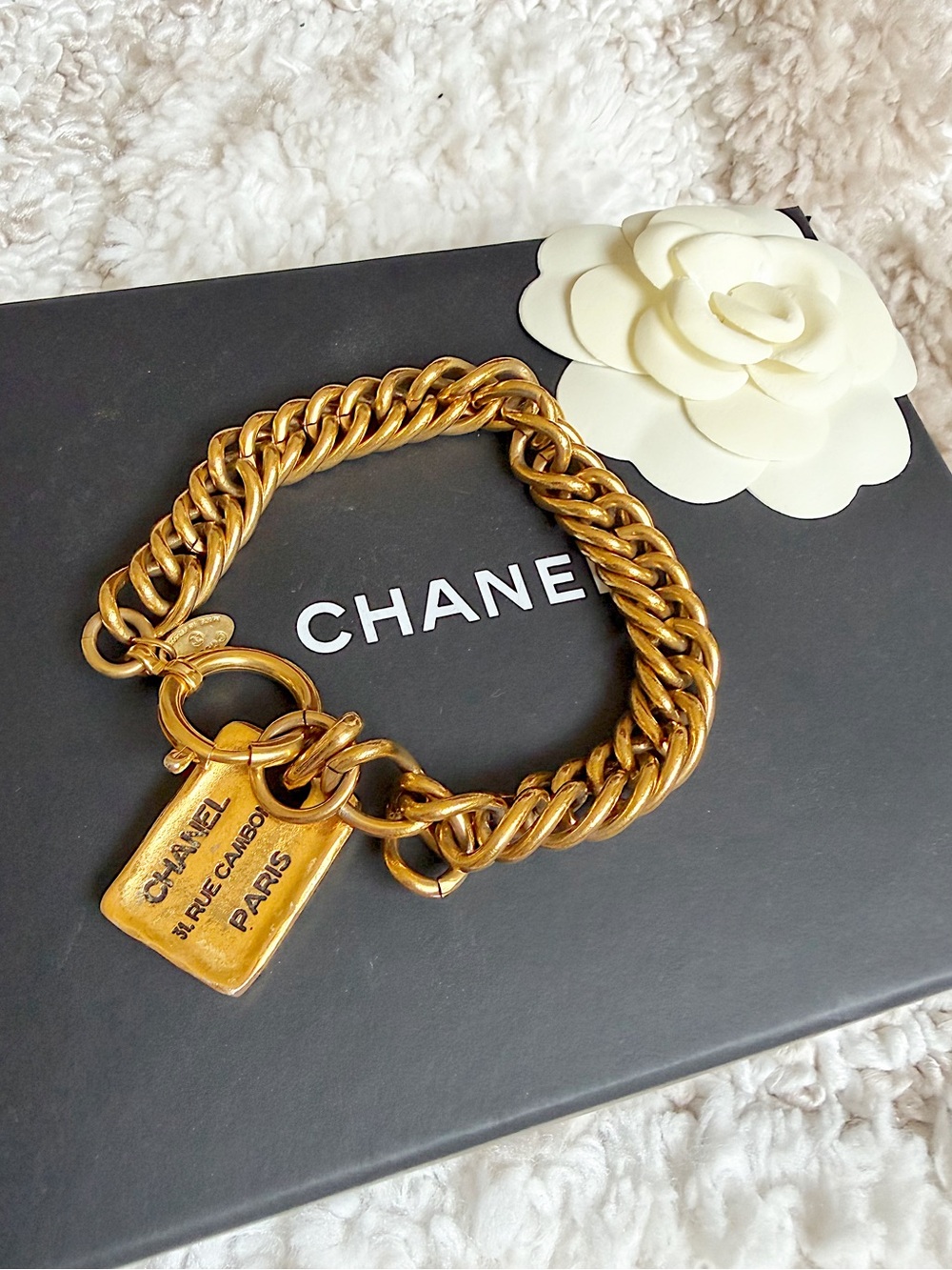 Authentic Chanel vintage 31 Rue Cambon gold plated chain link charm bracelet